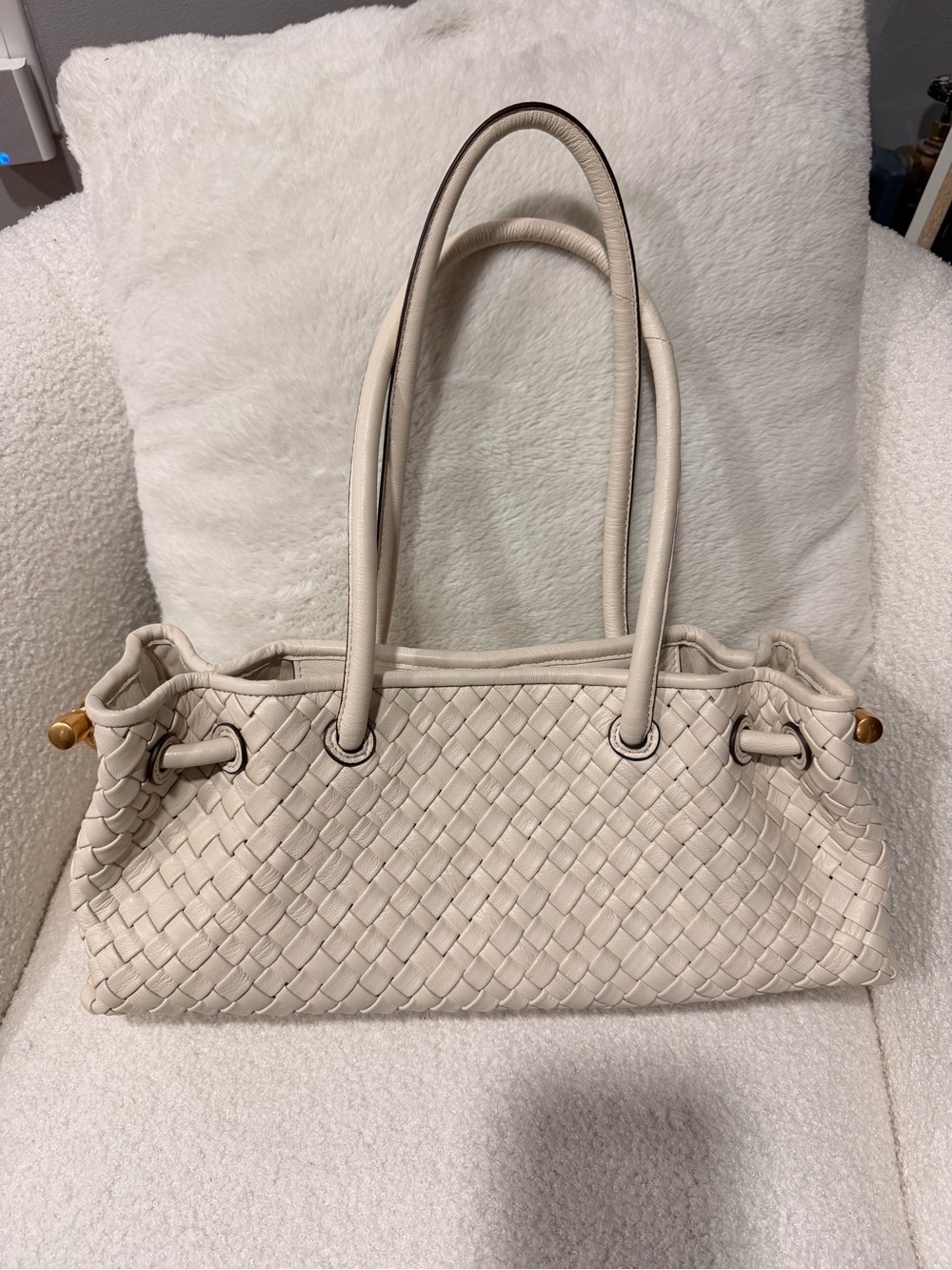 Donna Karan Woven Leather Shoulder Bag in Cream